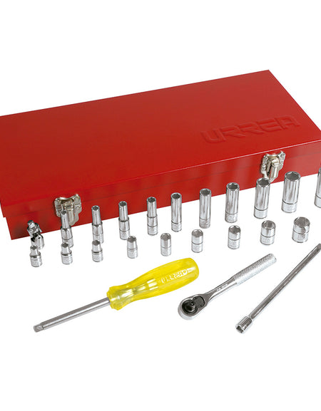 Juego dados y accesorios cuadro 1/4" pulgadas 26 pzas Urrea