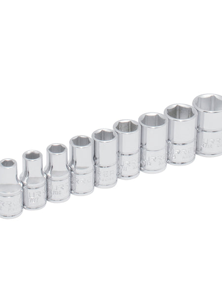 Juego de 9 dados en pulgadas cuadro 1/4" en riel Urrea