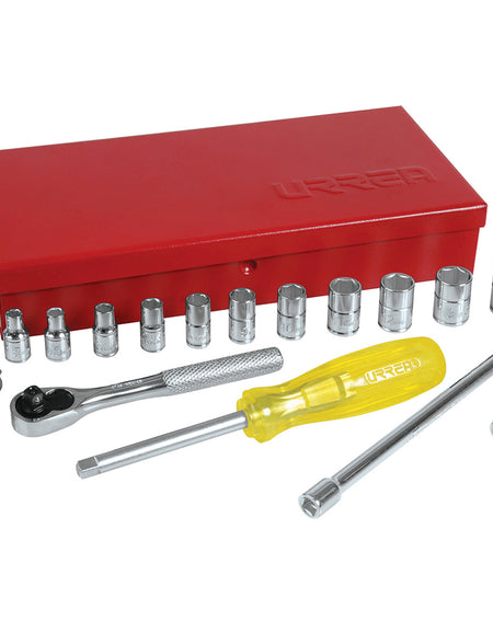 Juego de 18 dados y accesorios métricos 1/4" Urrea