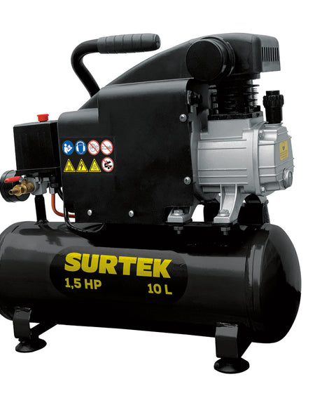 Compresor de aire horizontal con capacidad del tanque de 10 L, presión máxima de trabajo de 115 psi, caudal máximo de 150 L/min, voltaje de 120 V, frecuencia de 60 Hz y potencia de 1.5 HP Surtek