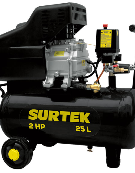 Compresor de aire horizontal con capacidad del tanque de 25 L, presión máxima de trabajo de 115 psi, caudal máximo de 224 L/min, voltaje de 120 V, frecuencia de 60 Hz y potencia de 2 HP Surtek