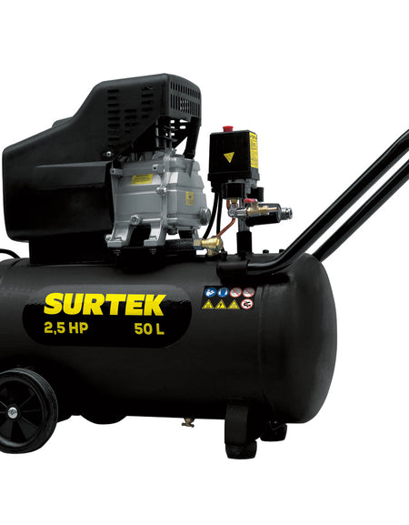 Compresor de aire horizontal con capacidad del tanque de 50 L, presión máxima de trabajo de 115 psi, caudal máximo de 233 L/min, voltaje de 120 V, frecuencia de 60 Hz y potencia de 2.5 HP Surtek
