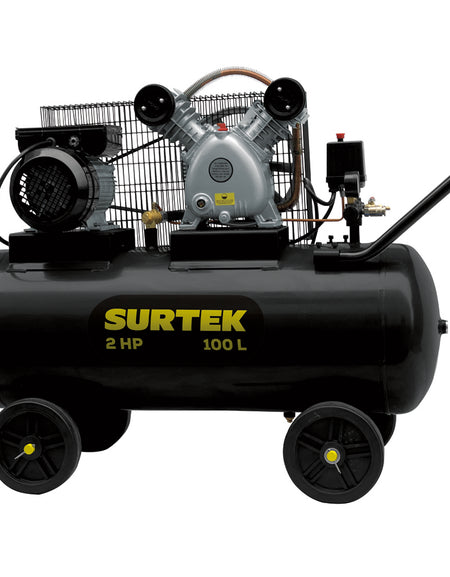 Compresor de aire horizontal con capacidad del tanque de 100 L, presión máxima de trabajo de 115 psi, caudal máximo de 206 L/min, voltaje de 120 V, frecuencia de 60 Hz y potencia de 2 HP Surtek