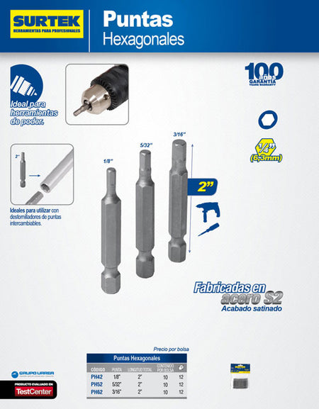 Punta hexagonal 1/8"x2" 10 piezas Surtek