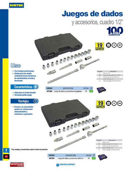 Juego de dados y accesorios combinado 19 piezas Surtek