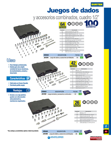 Juego combinado de 42 dados y accesorios 1/2" Surtek