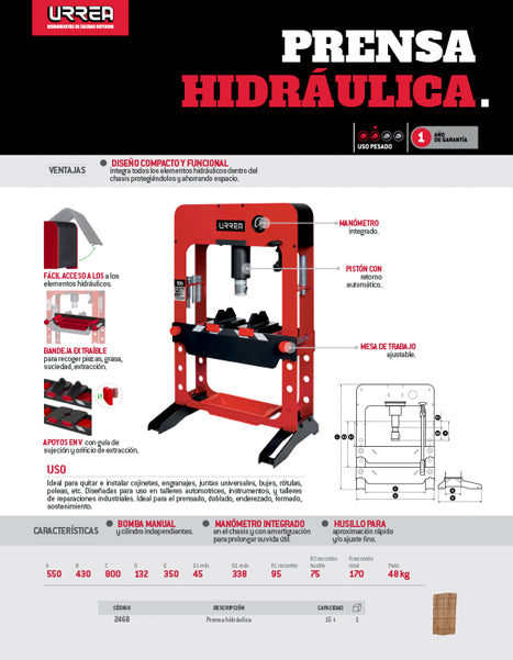Prensa hidráulica uso pesado de 15 Toneladas Urrea 2468 | Urrea store