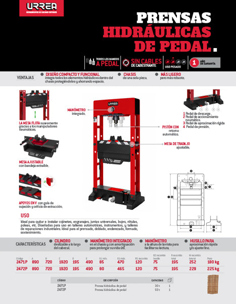 Prensa hidráulica de pedal, uso pesado de 30 toneladas Urrea 2471P