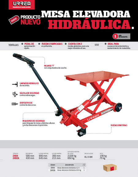 Mesa elevadora hidráulica de 2500 kg Urrea.