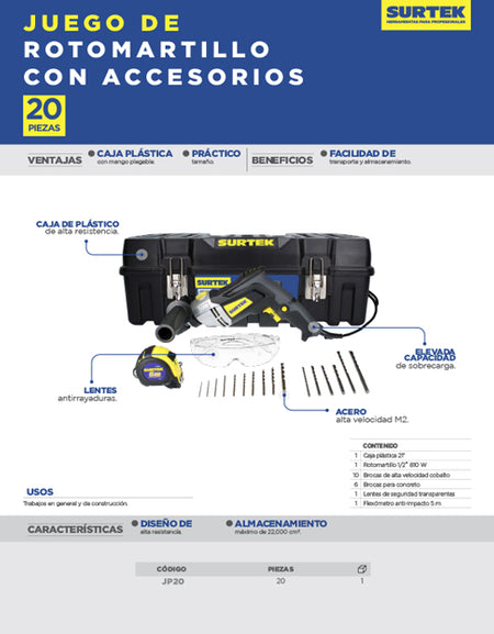 Juego de rotomartillo con accesorios 20 pz Surtek