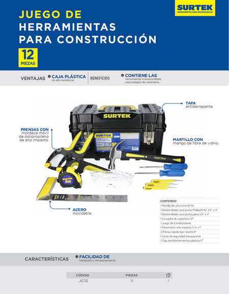 Juego De 12 Herramientas Para Carpintero Surtek