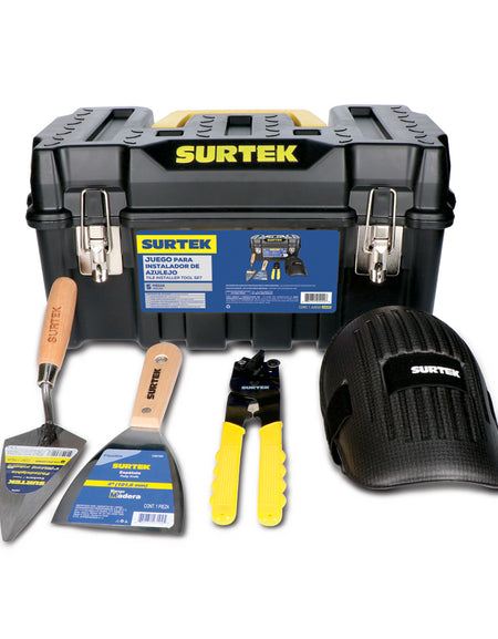 Pinza corta azulejo de 8". Cuchara tipo philadelphia 6". Espátula flexible mgo mad 4". Par de rodilleras de goma flexible. Caja plástica 17x9x8".