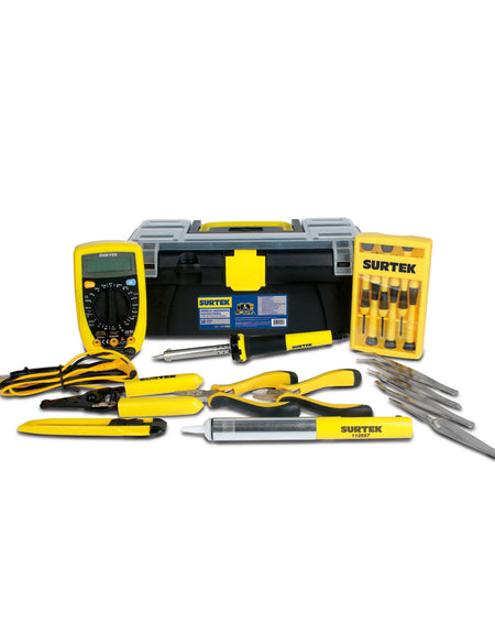 Caja plas broche plas 12" - 1PZ. Cautin tipo lapiz 45W - 1PZ. Bomba p/desoldar - 1PZ. Jgo 6 dest p/joyero - 1PZ. Mini pinza cte diag 4-5/16" - 1PZ. Mini pinza cte lat 4-3/4" - 1PZ. Pinza pelacable 10-26AWG 6" - 1PZ. Multímetro digital 600V - 1PZ. Cutter 13pts 9mm plastico - 1PZ. Jgo 4 pinzas presicion tweezer - 1PZ.