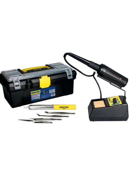 Caja portaherramientas plástica broche plásticos 12" - 1 pz. Estación de soldadura 50W - 1 pz. Bomba para desoldar - 1 pz. Juego de 4 pinzas precisión tipo tweezer - 1 pz.