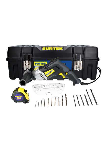 Rotomartillo 1/2" 810w - 1pz. Jgo 10 brocas alta vel cobalto - 1pz. Jgo 6 broca p/concreto - 1pz. Lentes seguridad transparente - 1pz. Flexómetro anti-impacto 5m - 1pz. Caja plástica 21x11x10" - 1pz.