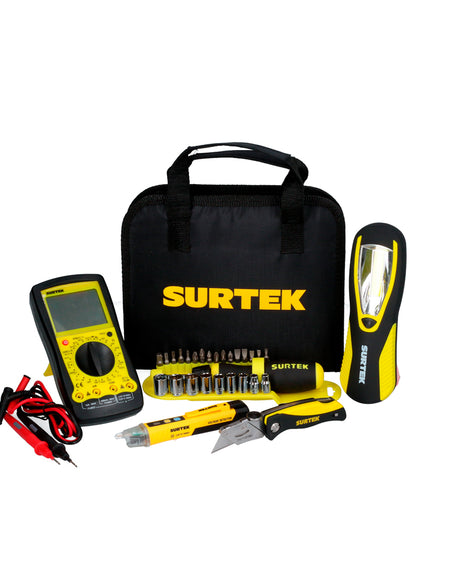 MUL04 Multímetro automotriz 1000V 1pz. JDP26 Juego 26 puntas intercambiables c/acc 1pz. NF10 Navaja utilitaria abatible bimaterial 1pz. Lampara taller batería 200 lm 1pz. PVS01 Probador de voltaje sin contacto 90-1000V 1pz. EMSC Estuche Multiusos STK CH 1pz.