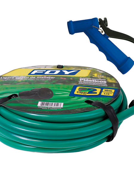 Kit manguera lisa 2 capas 1/2" 10m con pistola de riego Foy