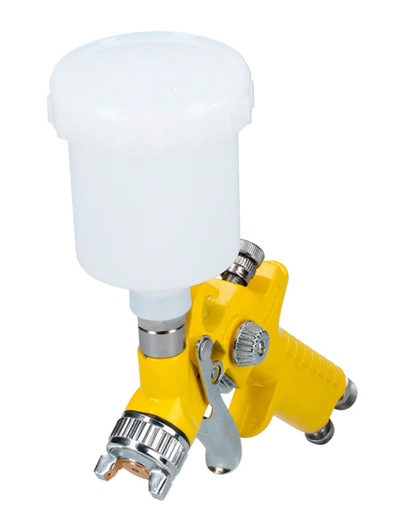 Mini pistola de gravedad con presión de trabajo de 50 psi, capacidad de vaso de 125 ml, entrada de aire de 1/4" NPT. Consumo de aire de 2.8 scfm, diámetro interno de manguera de 3/8". Mezcla externa Surtek