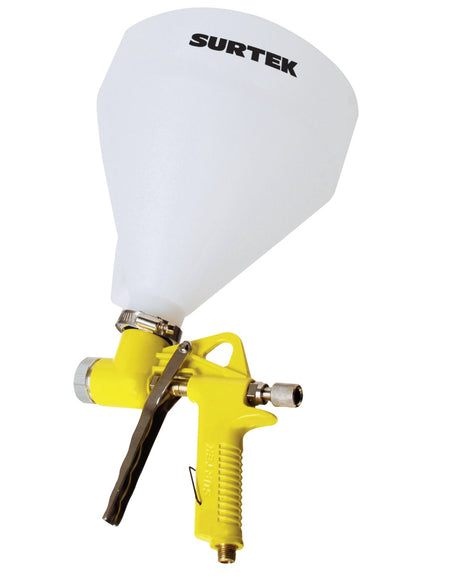 Pistola para texturizados con una presión de trabajo de 57 psi, capacidad de vaso de 4.5 L, entrada de aire de 1/4" NPT. Consumo de aire de 7 scfm, diámetro interno de manguera de 3/8" Surtek