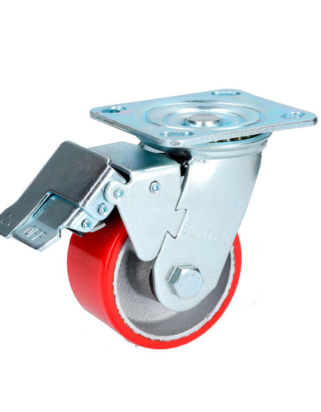 Rodaja hierro con poliuretano giratoria con freno 4" Surtek