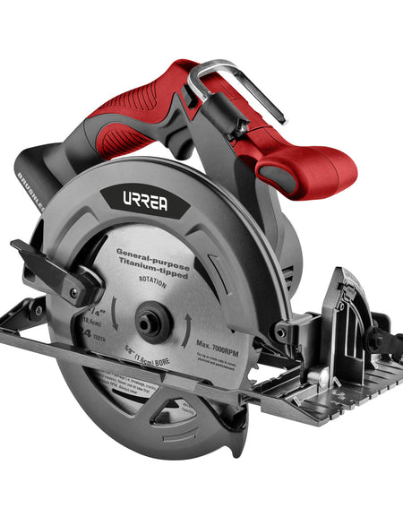 Sierra circular inalámbrica Urrea con capacidad de disco de 7-1/4", voltaje de carga 120 V, voltaje de batería 20 V, de 1 HP, velocidad máxima 4500 rpm, eje de cuchilla de 5/8". Urrea