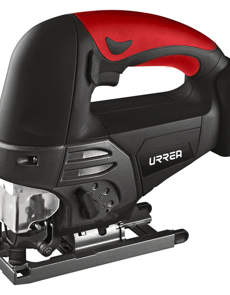 Sierra caladora inalámbrica Urrea con tipo de sierra T y U, velocidad máxima de 2 200 rpm, carrera de 25 mm, voltaje de carga 120 V, voltaje de batería 20 V. Urrea