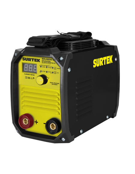Soldadora automática de arco inverter CD bi-voltaje 110 V/ 220 V, con frecuencia de 60 Hz, rango de corriente a 110 V de (20 - 130) A, rango de corriente a 220V de (20 - 200) A. Surtek