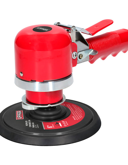 Lijadora neumática de acción doble con lija de 6", Velocidad sin carga 10 000 rpm, Diámetro de órbita 3/8", presión de trabajo de 90 psi, consumo de aire de 8,9 CFM, conexión de entrada de aire de 1/4" NPT Urrea