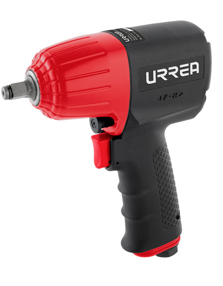 Pistola de impacto neumática con tamaño de cuadro de 3/8", capacidad de torque de 500 ft-lb, velocidad sin carga de 11 000 rpm, 1600 impactos por minuto, presión de trabajo de 90 psi, entrada de aire de 1/4 NPT y consumo de aire de 5 CFM Urrea