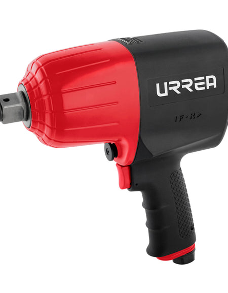 Pistola de impacto neumática con tamaño de cuadro de 3/4", capacidad de torque de 1400 ft-lb, velocidad sin carga de 5500 rpm, 1000 impactos por minuto, presión de trabajo de 90 psi, entrada de aire de 3/8 NPT y consumo de aire de 7.5 CFM Urrea