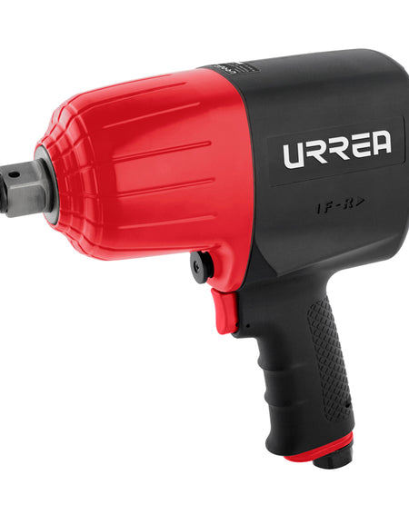 Pistola de impacto neumática con tamaño de cuadro de 1", capacidad de torque de 1400 ft-lb, velocidad sin carga de 5500 rpm, 1000 impactos por minuto, presión de trabajo de 90 psi, entrada de aire de 3/8 NPT y consumo de aire de 7.5 CFM Urrea