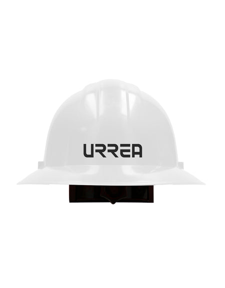 Casco de seguridad de ala completa con 4 puntos de suspensión, dieléctrico, con arnés de polietileno y ajuste por matraca color blanco Urrea