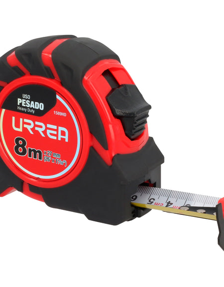 Urrea Flexómetro Heavy Duty 8m x 27mm. Material de la hoja: Acero. Material de la carátula: ABS + TPR. Número de remaches: 4.