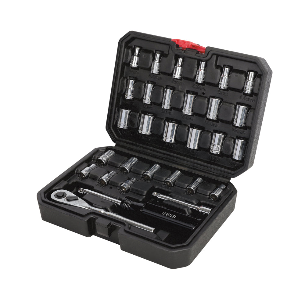 Jgo dados y accesorios 1/4" 30 pzas estuche plástico Urrea.