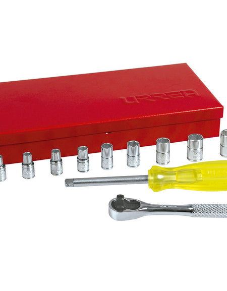 Juego de 12 dados y accesorios en pulgadas 1/4" Urrea