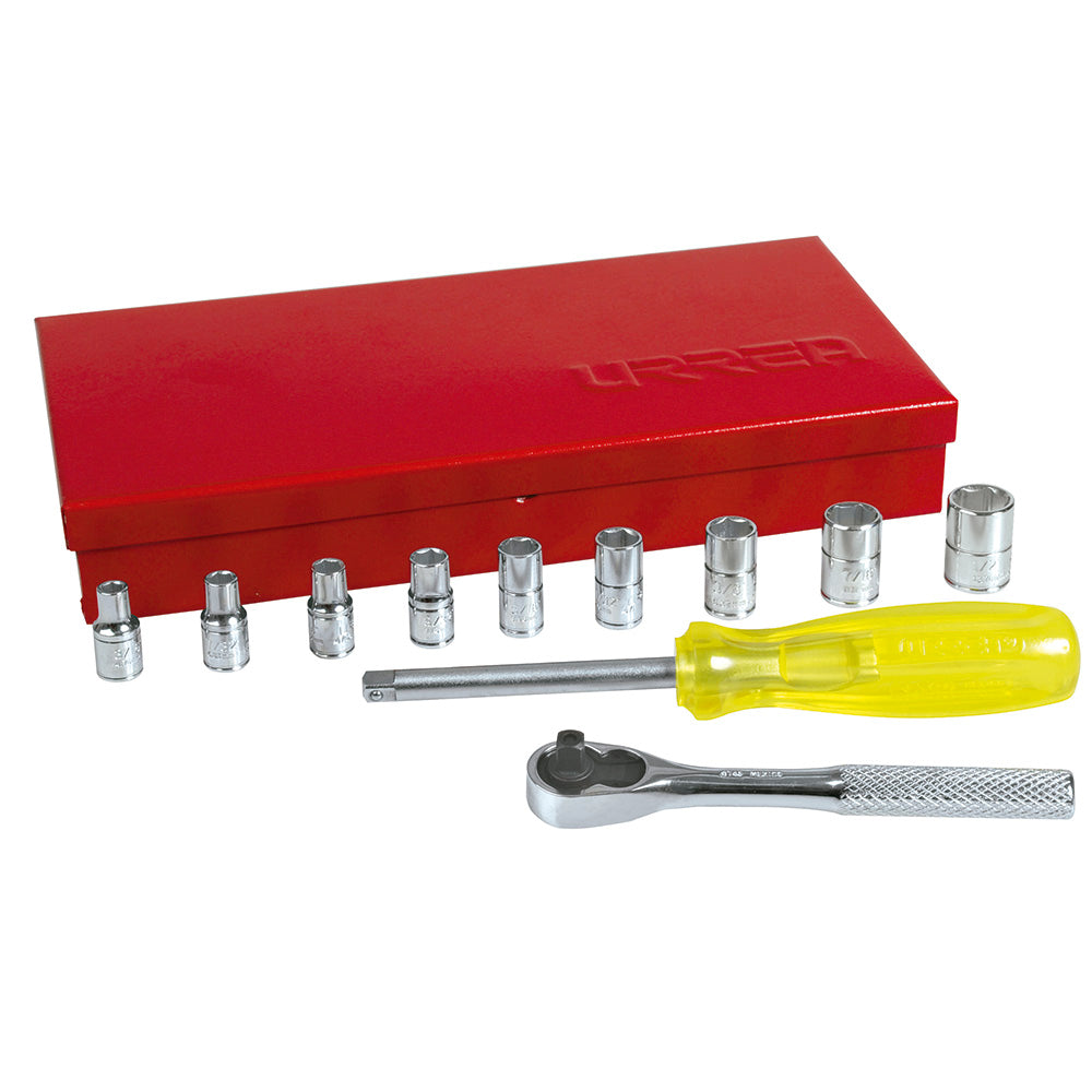 Juego de 12 dados y accesorios en pulgadas 1/4" Urrea