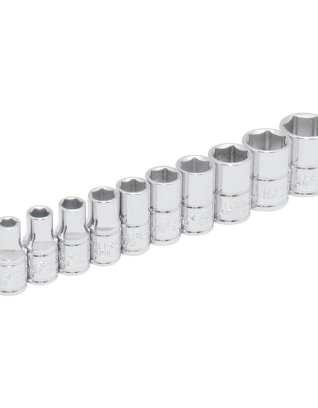 Juego de 10 dados en pulgadas cuadro 1/4" en riel Urrea