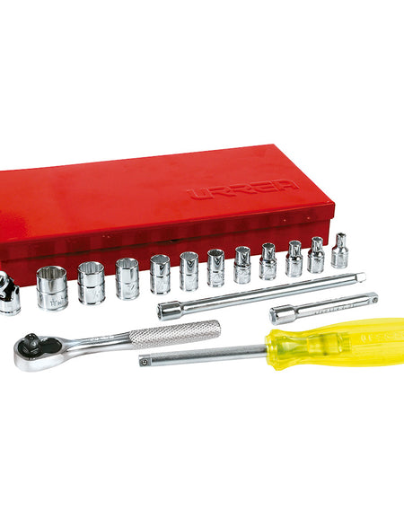 Juego dados y accesorios cuadro 1/4" pulgadas 17 pzas  Urrea