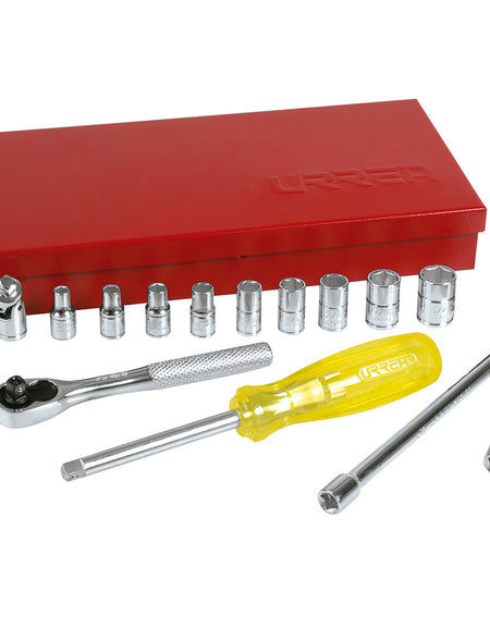 Juego dados y accesorios cuadro 1/4" pulgadas 16 pzas Urrea