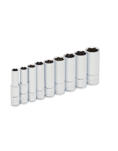 Juego de 9 dados largos métricos cuadro 1/4" en riel Urrea