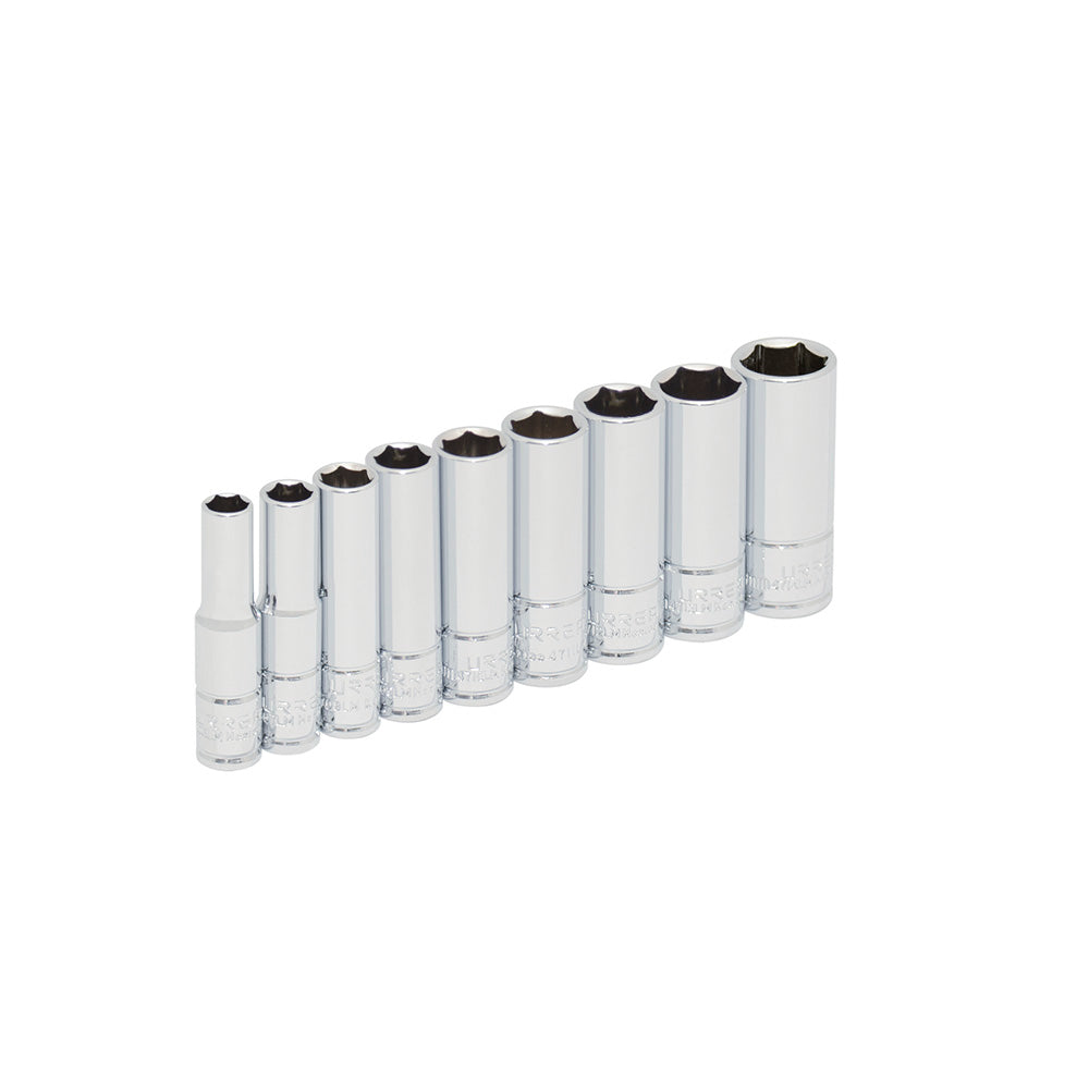 Juego de 9 dados largos métricos cuadro 1/4" en riel Urrea