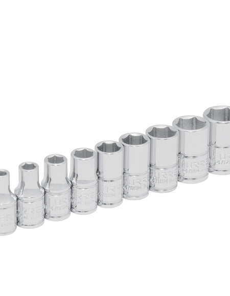 Juego de 9 dados métricos cuadro 1/4" en riel Urrea