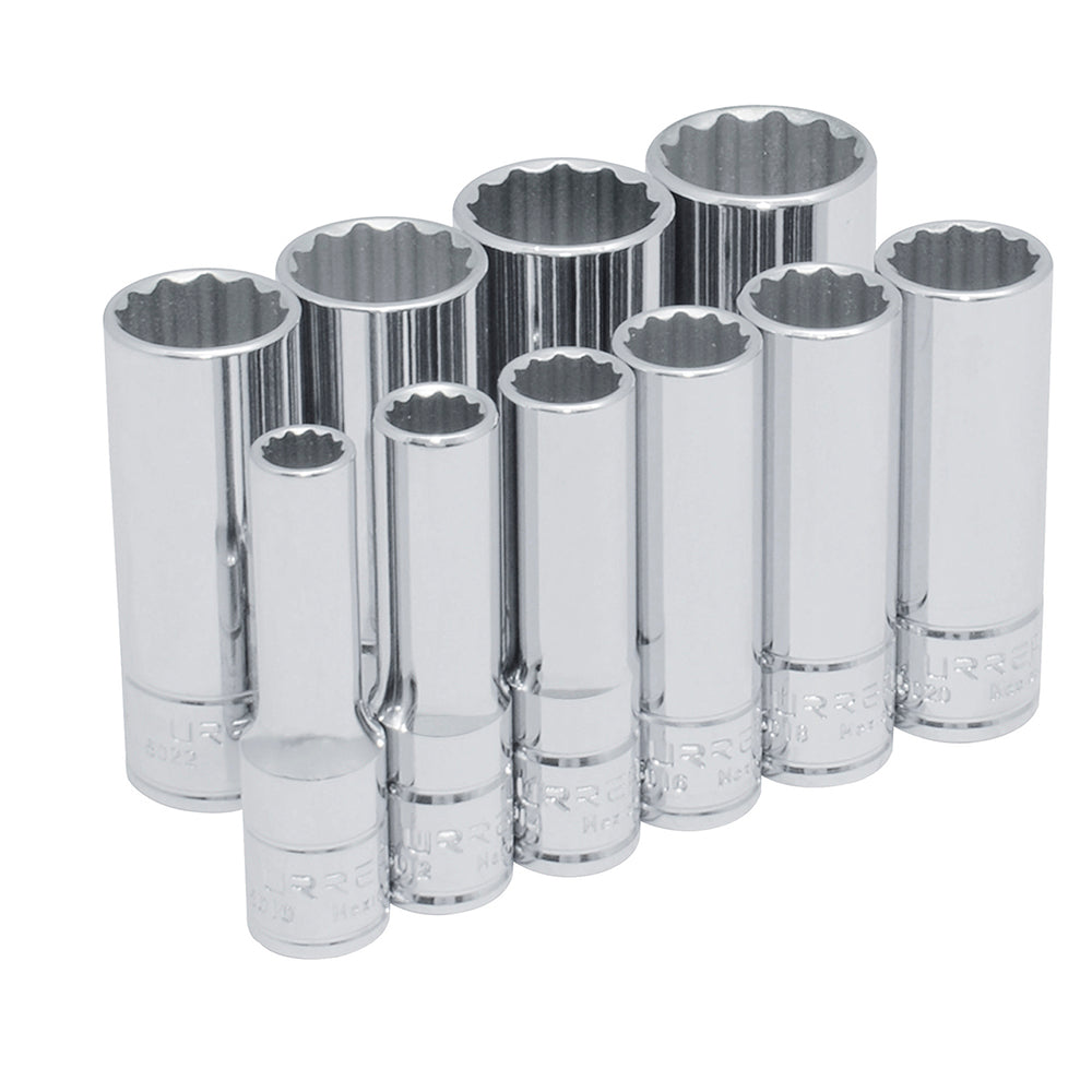 Juego de 10 dados largos en pulgadas 3/8" en riel Urrea