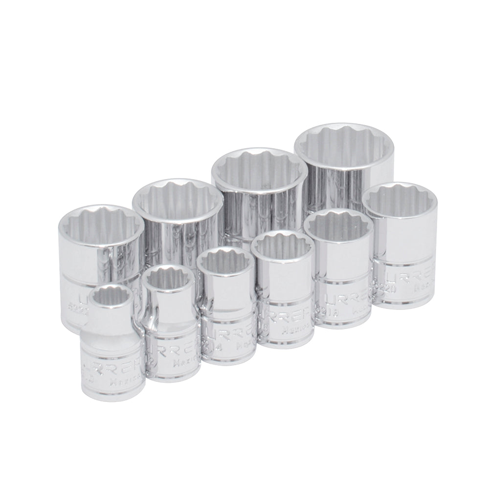 Juego de 10 dados en pulgadas cuadro 3/8" en riel Urrea