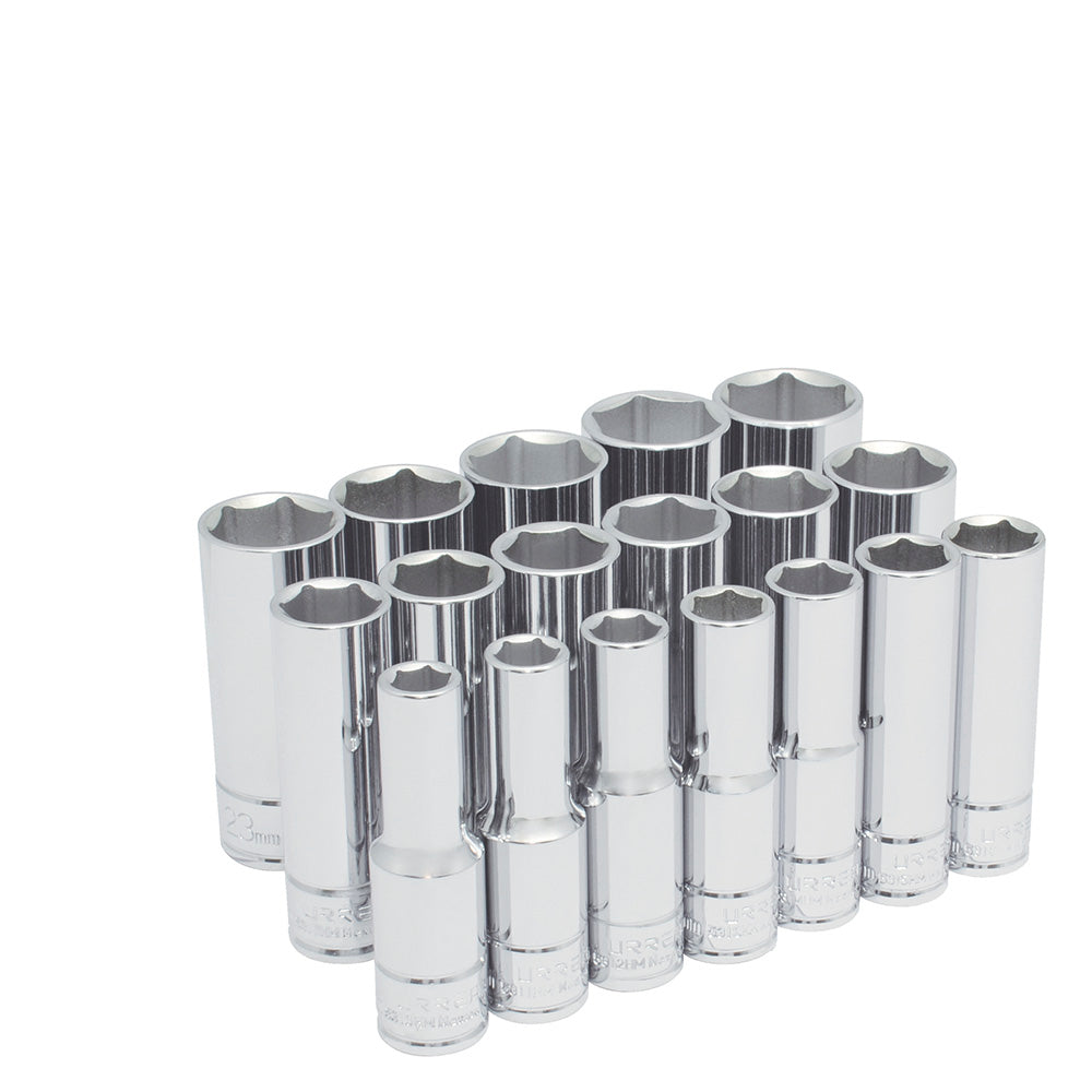 Juego de 18 dados largos métricos 1/2" 6 puntas Urrea