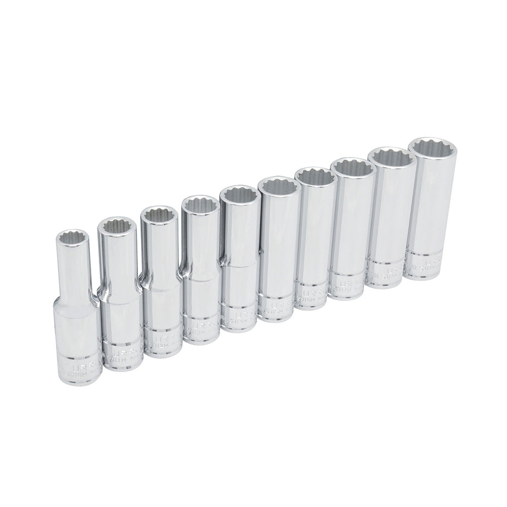 Juego de 10 dados largos metricos boca 1/2" 12 puntas Urrea