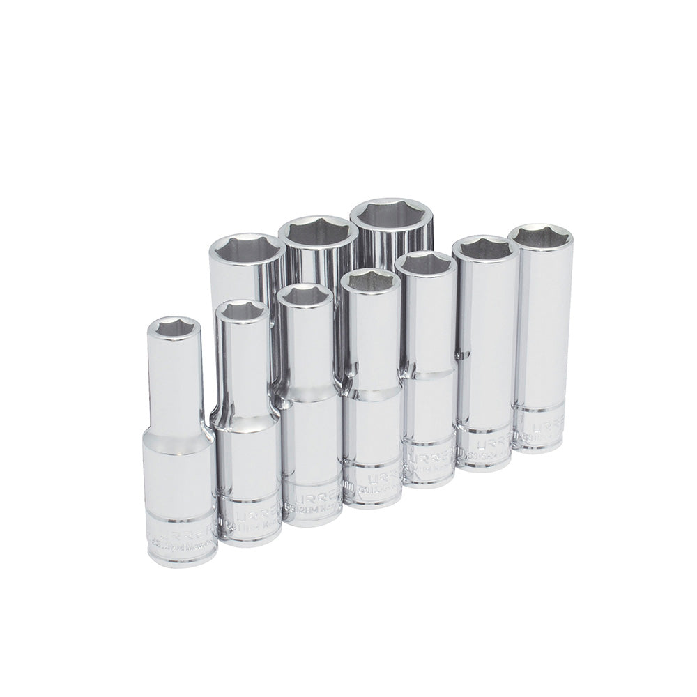 Juego de 10 dados largos metricos boca 1/2" 6 puntas Urrea