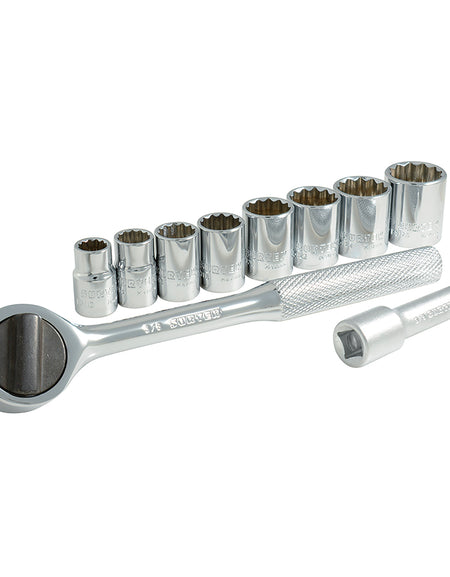 Surtek Juego 10 dados y accesorios en pulgadas 3/8" en rack