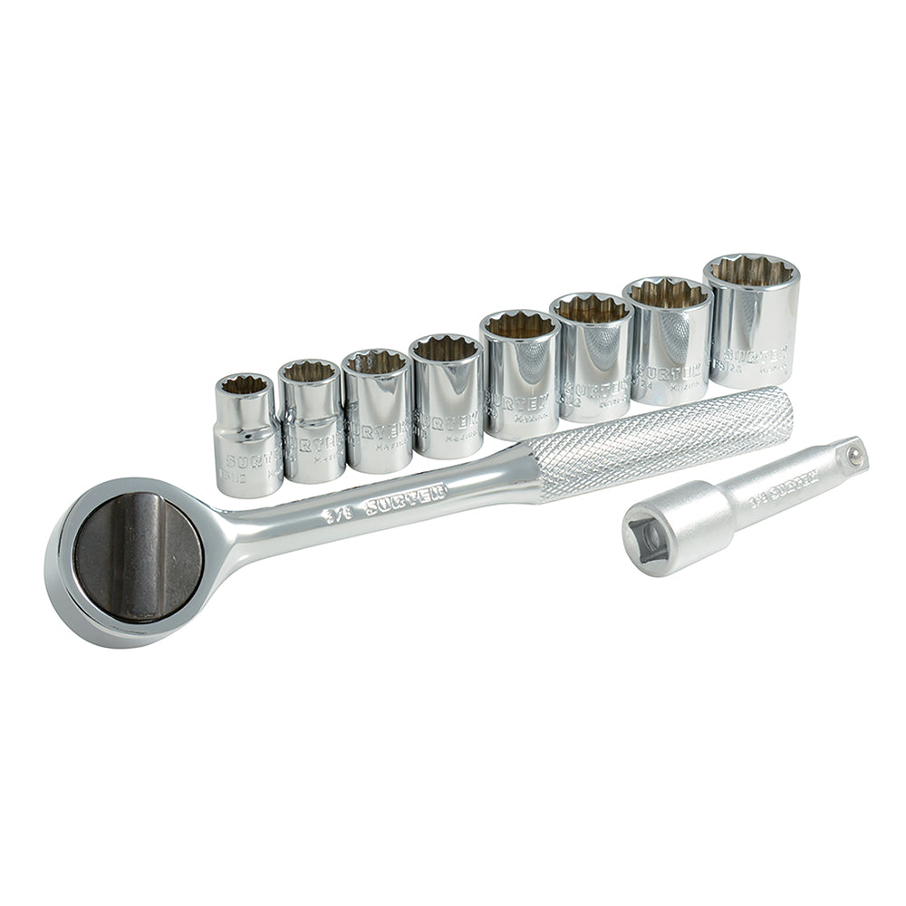 Surtek Juego 10 dados y accesorios en pulgadas 3/8" en rack