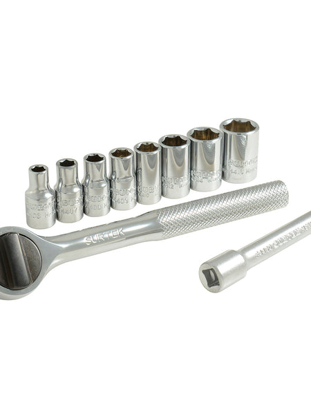 Surtek Juego de 10 dados y accesorios en pulgadas 1/4"